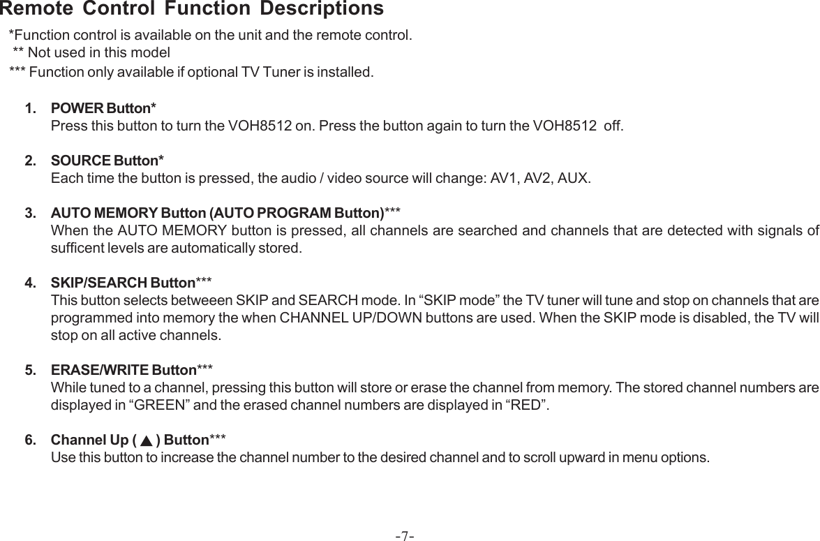 -7-Remote Control Function Descriptions   *Function control is available on the unit and the remote control. ** Not used in this model*** Function only available if optional TV Tuner is installed.1. POWER Button*Press this button to turn the VOH8512 on. Press the button again to turn the VOH8512  off.2. SOURCE Button*Each time the button is pressed, the audio / video source will change: AV1, AV2, AUX.3. AUTO MEMORY Button (AUTO PROGRAM Button)***When the AUTO MEMORY button is pressed, all channels are searched and channels that are detected with signals ofsufficent levels are automatically stored.4. SKIP/SEARCH Button***This button selects betweeen SKIP and SEARCH mode. In “SKIP mode” the TV tuner will tune and stop on channels that areprogrammed into memory the when CHANNEL UP/DOWN buttons are used. When the SKIP mode is disabled, the TV willstop on all active channels.5. ERASE/WRITE Button***While tuned to a channel, pressing this button will store or erase the channel from memory. The stored channel numbers aredisplayed in “GREEN” and the erased channel numbers are displayed in “RED”.6. Channel Up (   ) Button***Use this button to increase the channel number to the desired channel and to scroll upward in menu options.