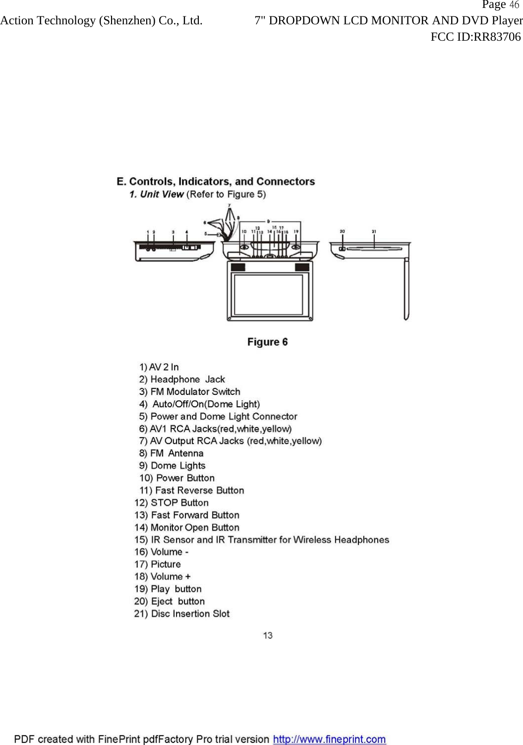                   Page 46Action Technology (Shenzhen) Co., Ltd. 7" DROPDOWN LCD MONITOR AND DVD Player                                                                    FCC ID:RR83706  
