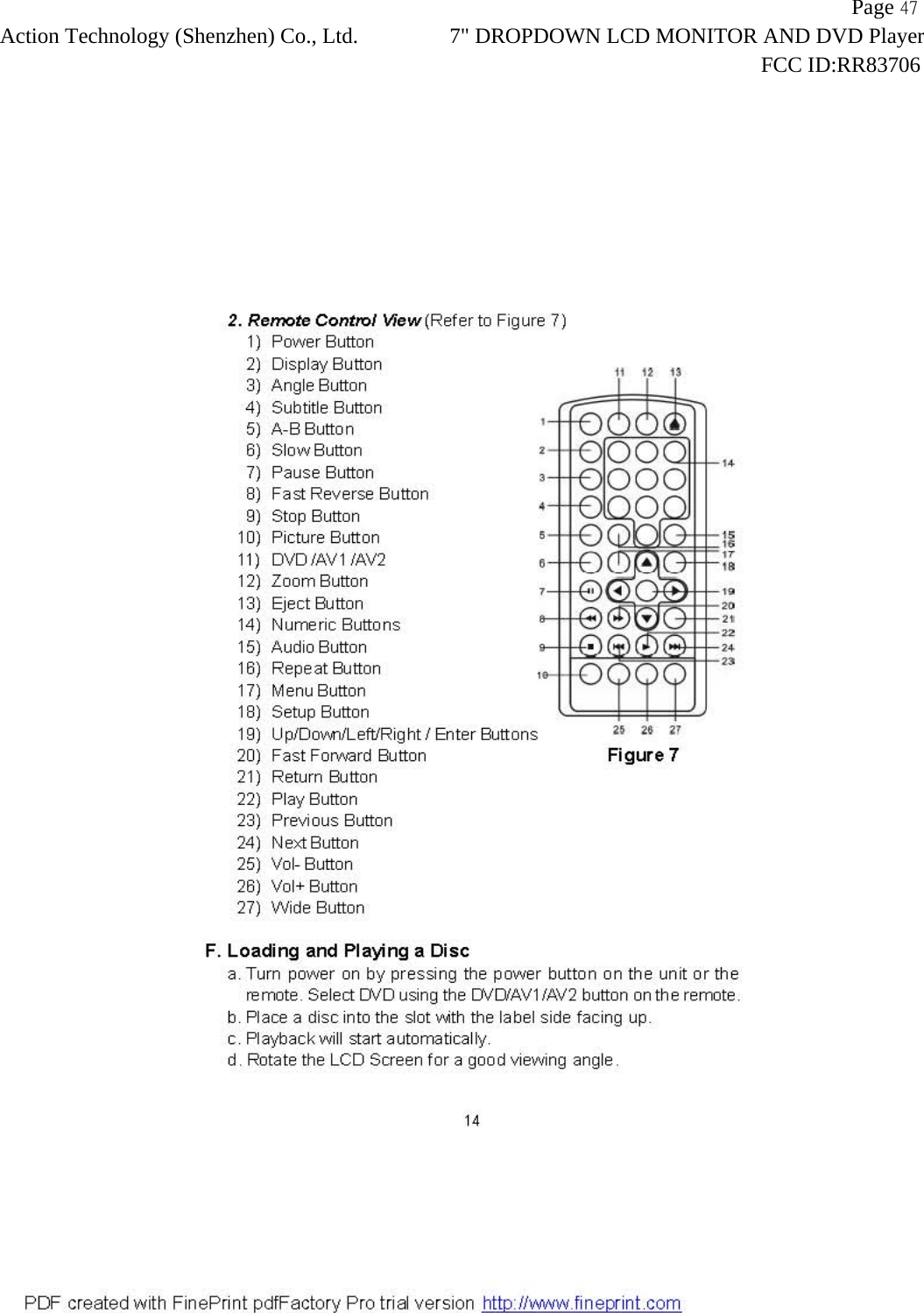                   Page 47Action Technology (Shenzhen) Co., Ltd. 7" DROPDOWN LCD MONITOR AND DVD Player                                                                    FCC ID:RR83706  