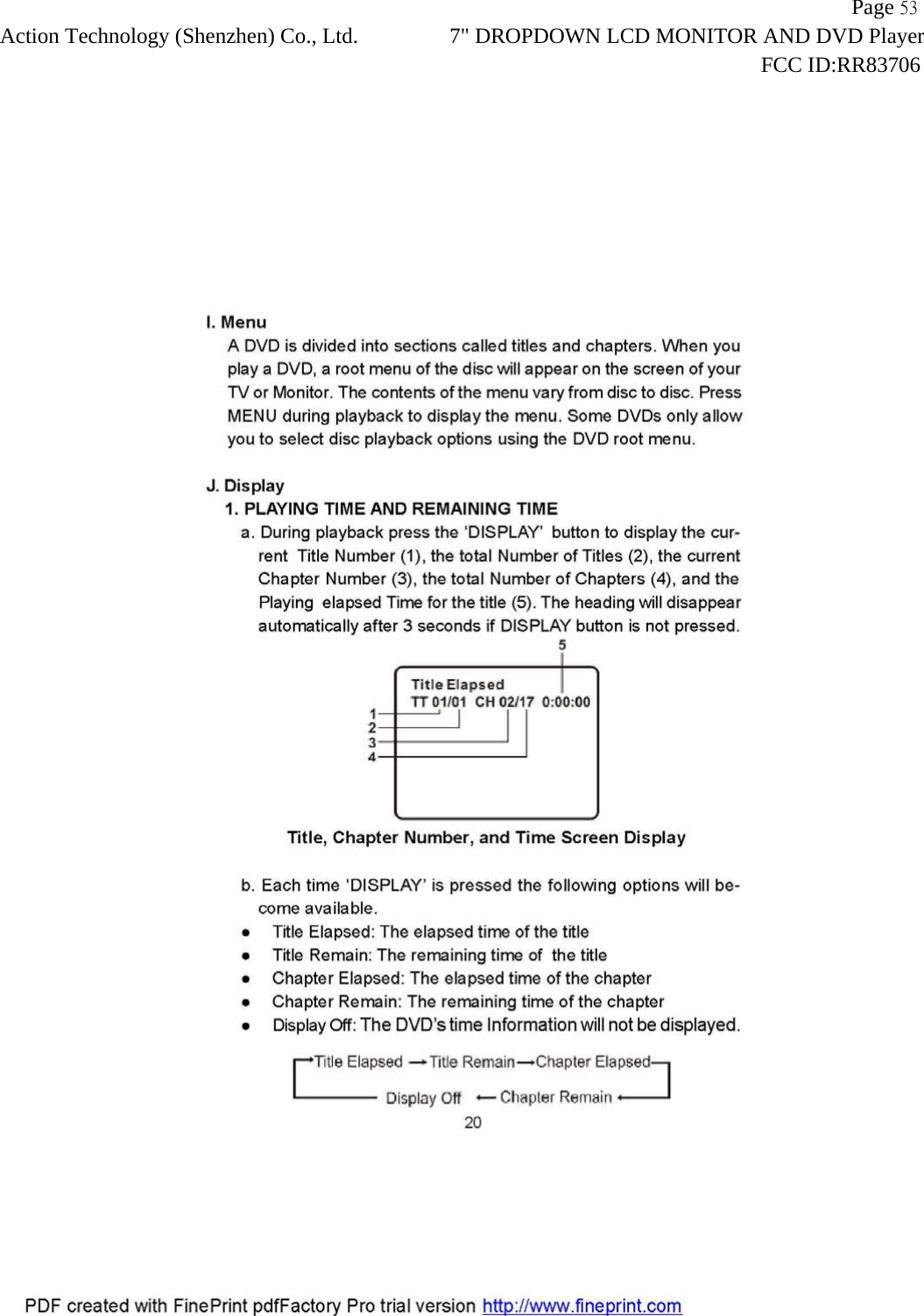                   Page 53Action Technology (Shenzhen) Co., Ltd. 7" DROPDOWN LCD MONITOR AND DVD Player                                                                    FCC ID:RR83706  