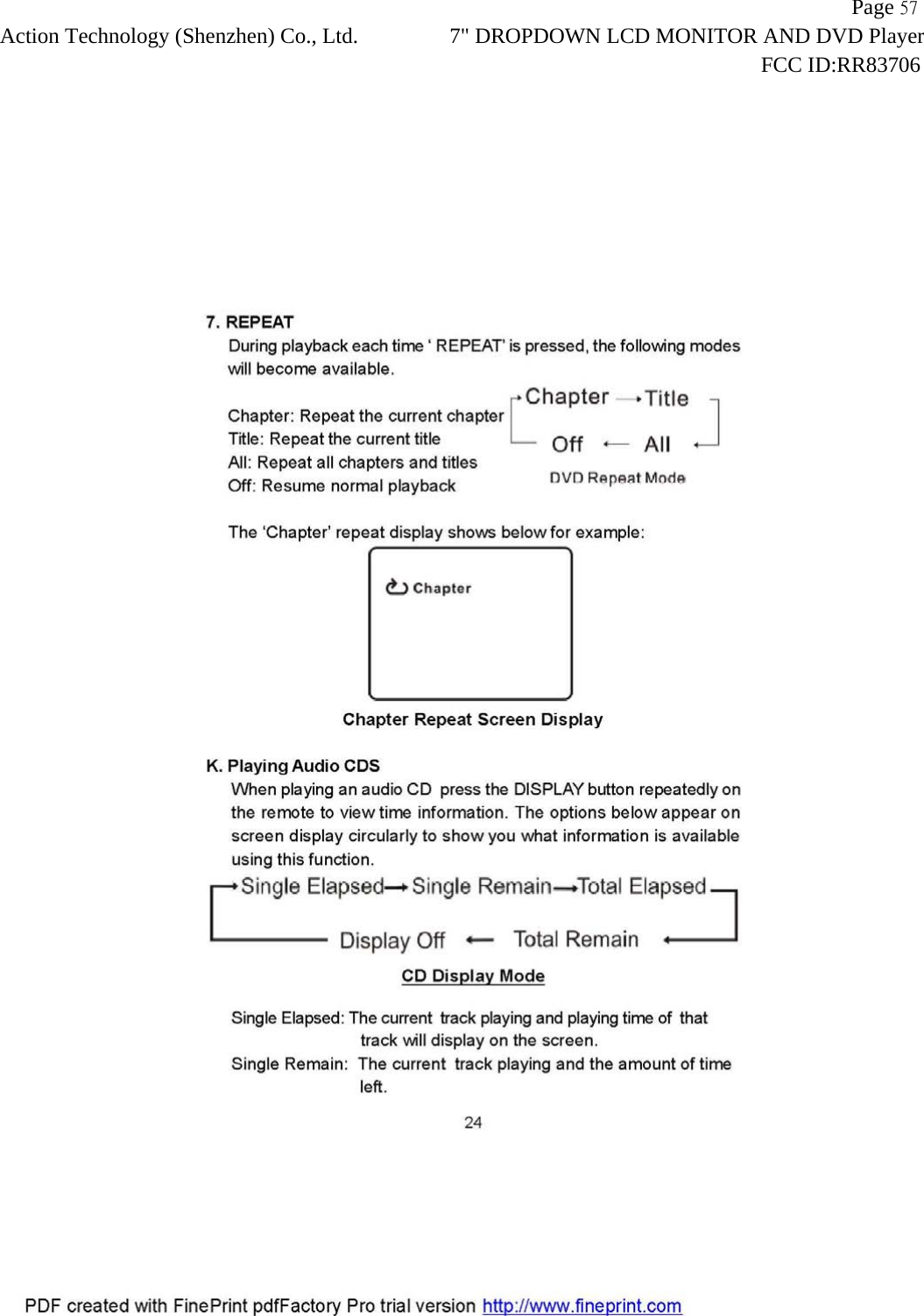                   Page 57Action Technology (Shenzhen) Co., Ltd. 7" DROPDOWN LCD MONITOR AND DVD Player                                                                    FCC ID:RR83706  