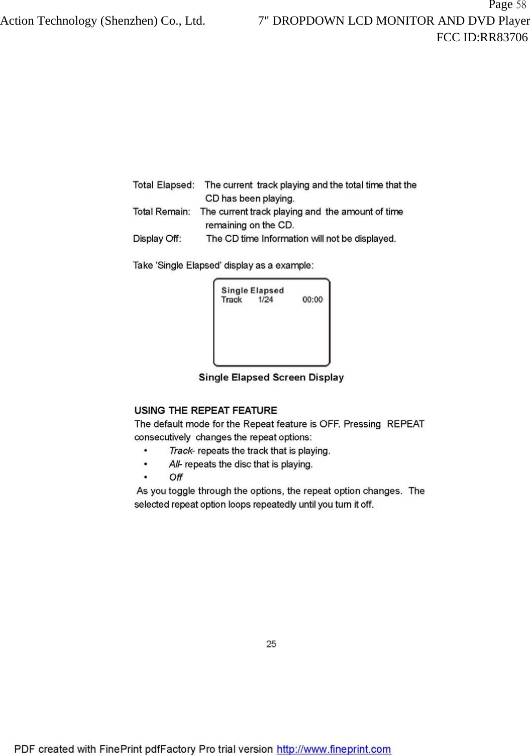                   Page 58Action Technology (Shenzhen) Co., Ltd. 7" DROPDOWN LCD MONITOR AND DVD Player                                                                    FCC ID:RR83706  
