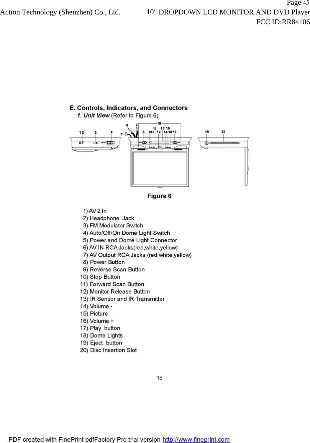                   Page 45Action Technology (Shenzhen) Co., Ltd.             10" DROPDOWN LCD MONITOR AND DVD Player                                                                    FCC ID:RR84106  