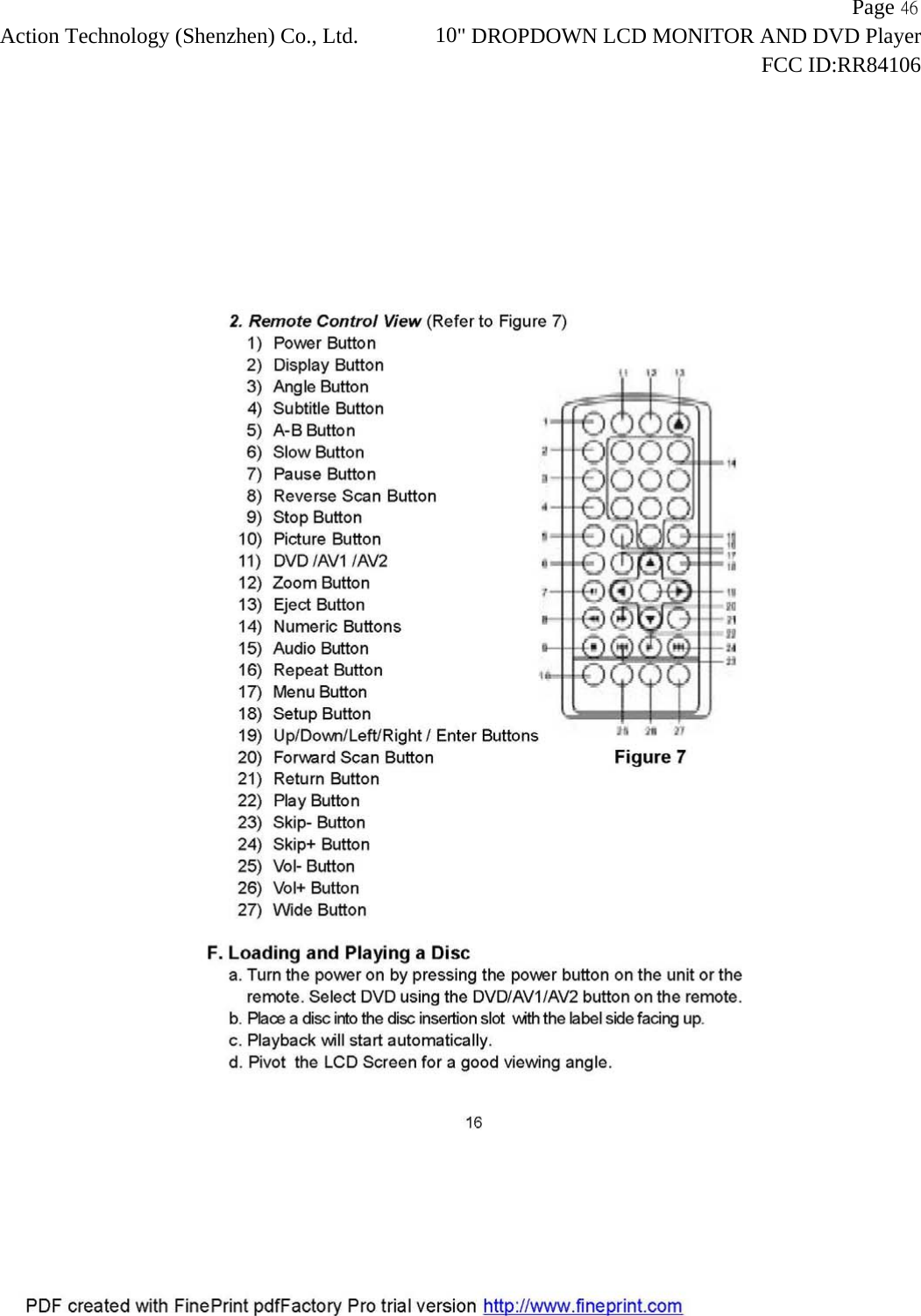                   Page 46Action Technology (Shenzhen) Co., Ltd.             10" DROPDOWN LCD MONITOR AND DVD Player                                                                    FCC ID:RR84106  