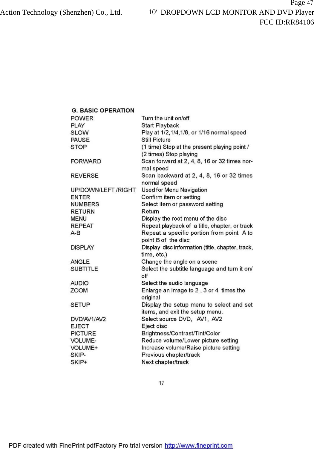                   Page 47Action Technology (Shenzhen) Co., Ltd.       10" DROPDOWN LCD MONITOR AND DVD Player                                                                    FCC ID:RR84106  