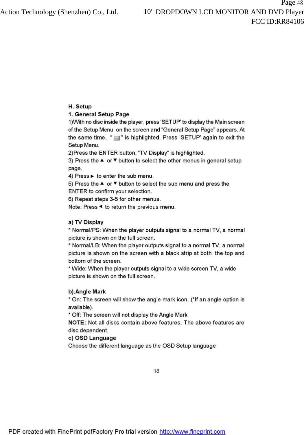                   Page 48Action Technology (Shenzhen) Co., Ltd.             10" DROPDOWN LCD MONITOR AND DVD Player                                                                    FCC ID:RR84106  