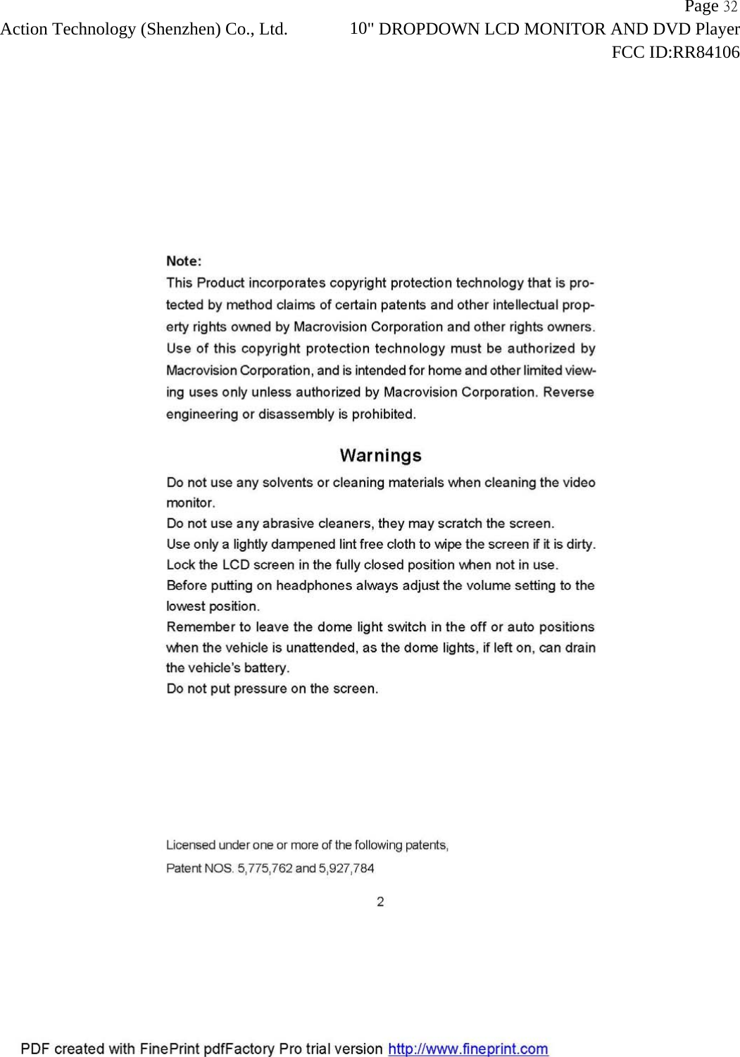                   Page 32Action Technology (Shenzhen) Co., Ltd.             10" DROPDOWN LCD MONITOR AND DVD Player                                                                    FCC ID:RR84106  