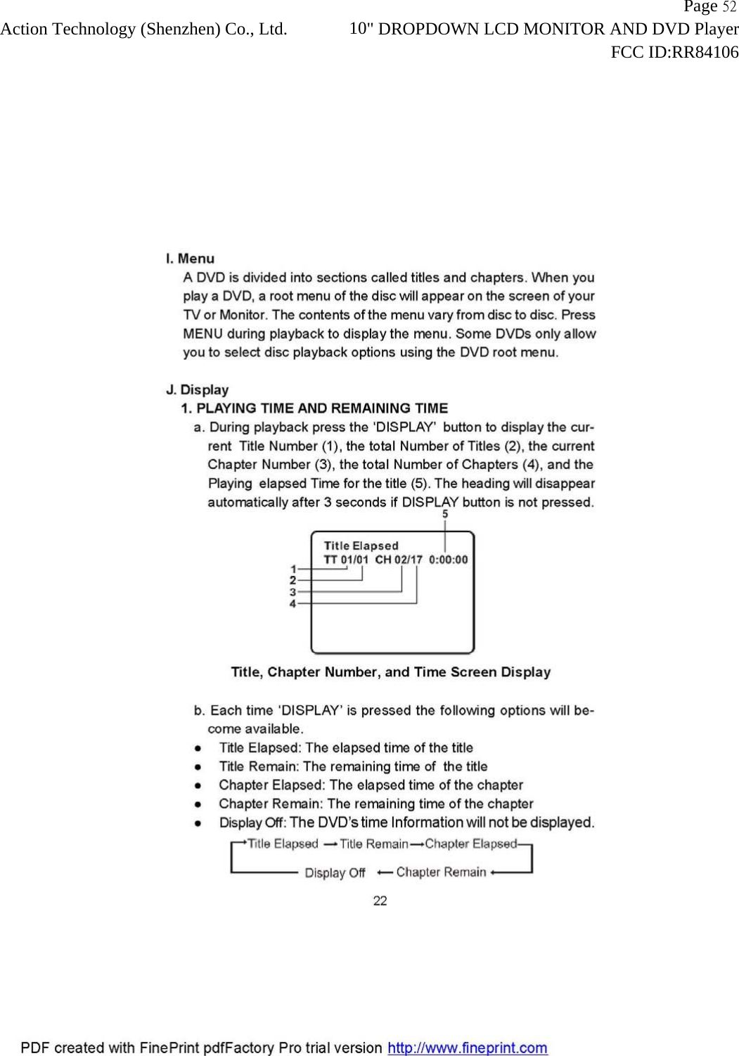                   Page 52Action Technology (Shenzhen) Co., Ltd.       10" DROPDOWN LCD MONITOR AND DVD Player                                                                    FCC ID:RR84106  