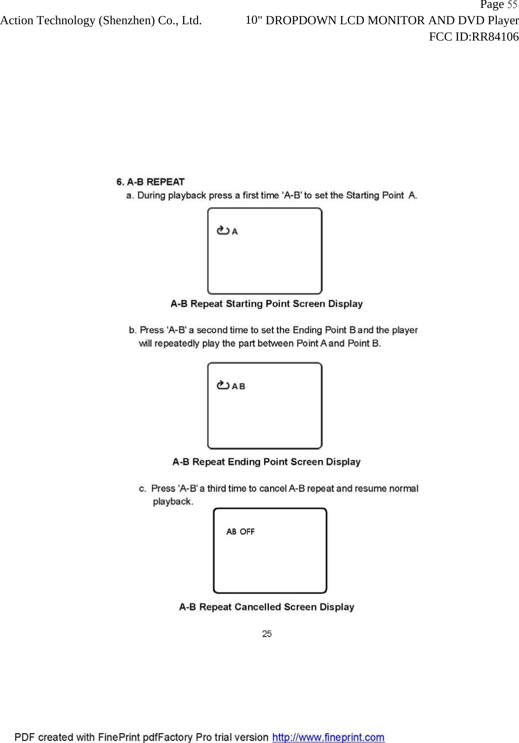                   Page 55Action Technology (Shenzhen) Co., Ltd.       10" DROPDOWN LCD MONITOR AND DVD Player                                                                    FCC ID:RR84106  