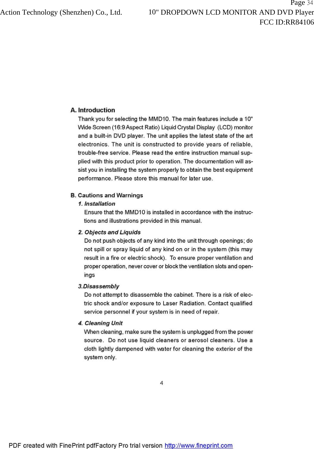                   Page 34Action Technology (Shenzhen) Co., Ltd.             10" DROPDOWN LCD MONITOR AND DVD Player                                                                    FCC ID:RR84106  