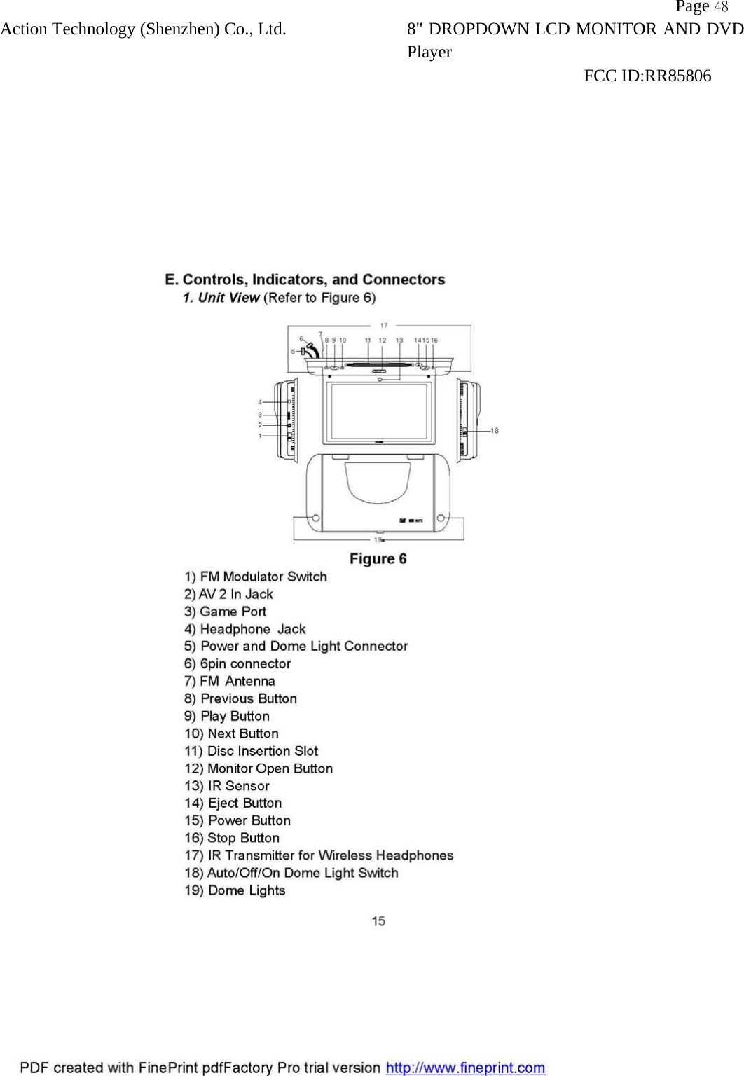           Page 48 Action Technology (Shenzhen) Co., Ltd. 8" DROPDOWN LCD MONITOR AND DVD Player                                                              FCC ID:RR85806   