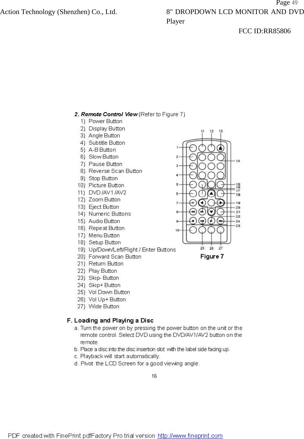           Page 49 Action Technology (Shenzhen) Co., Ltd. 8" DROPDOWN LCD MONITOR AND DVD Player                                                              FCC ID:RR85806   