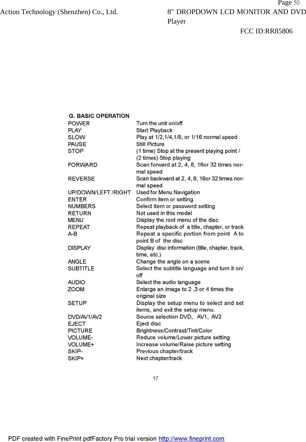           Page 50 Action Technology (Shenzhen) Co., Ltd. 8" DROPDOWN LCD MONITOR AND DVD Player                                                              FCC ID:RR85806   