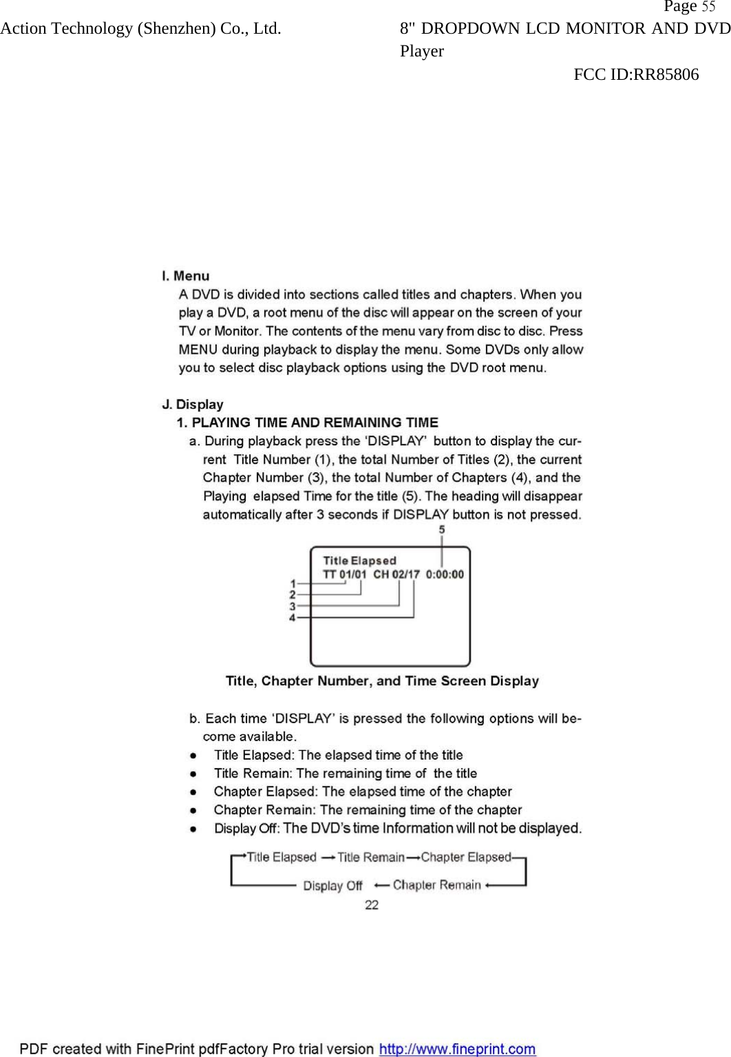           Page 55 Action Technology (Shenzhen) Co., Ltd. 8" DROPDOWN LCD MONITOR AND DVD Player                                                              FCC ID:RR85806   