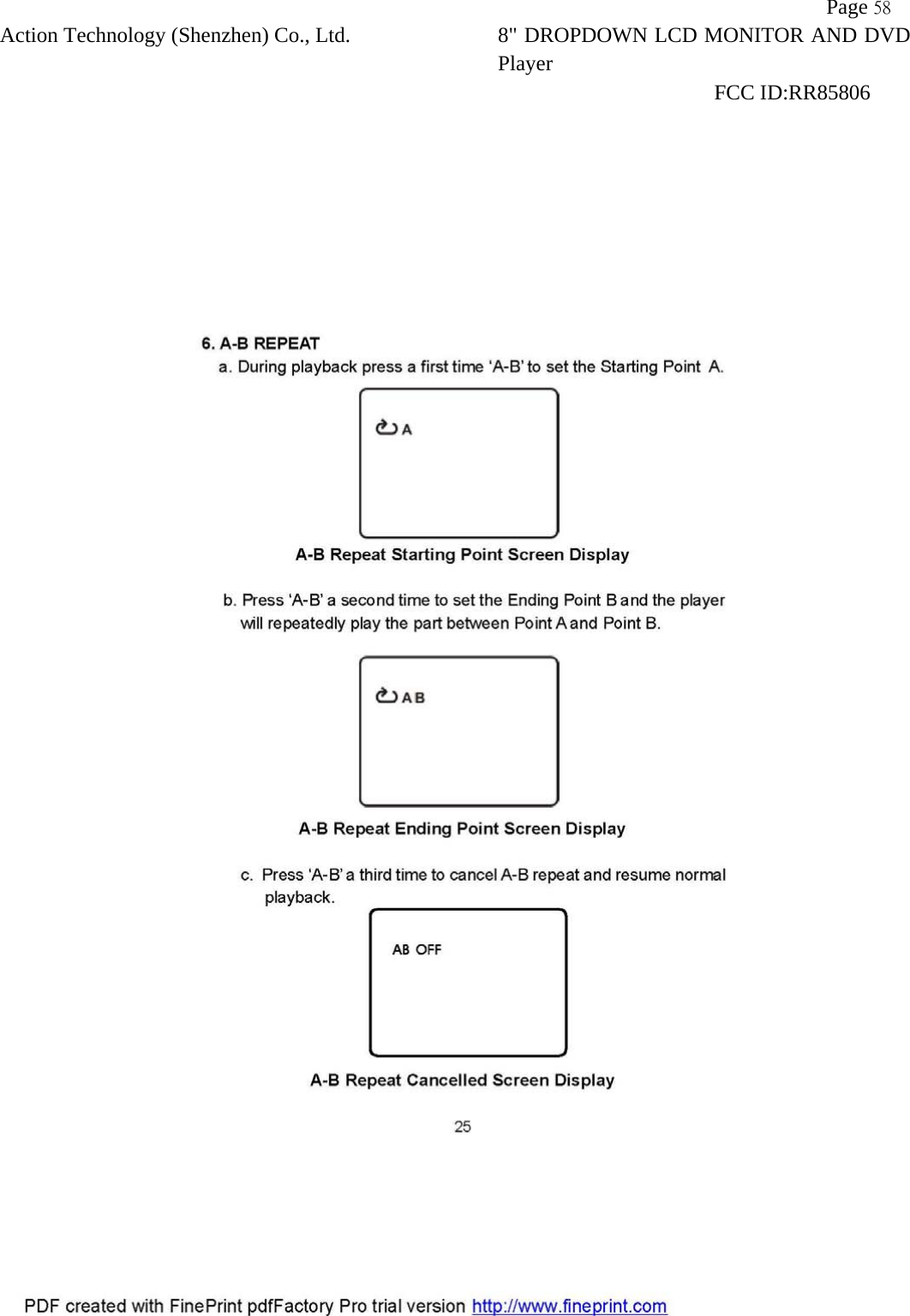           Page 58 Action Technology (Shenzhen) Co., Ltd. 8" DROPDOWN LCD MONITOR AND DVD Player                                                              FCC ID:RR85806   