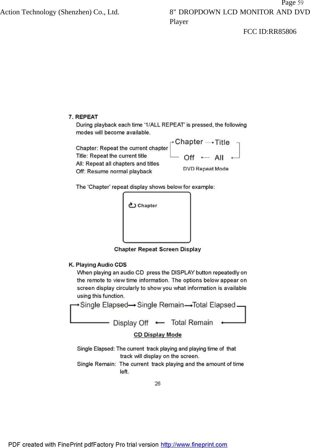           Page 59 Action Technology (Shenzhen) Co., Ltd. 8" DROPDOWN LCD MONITOR AND DVD Player                                                              FCC ID:RR85806   