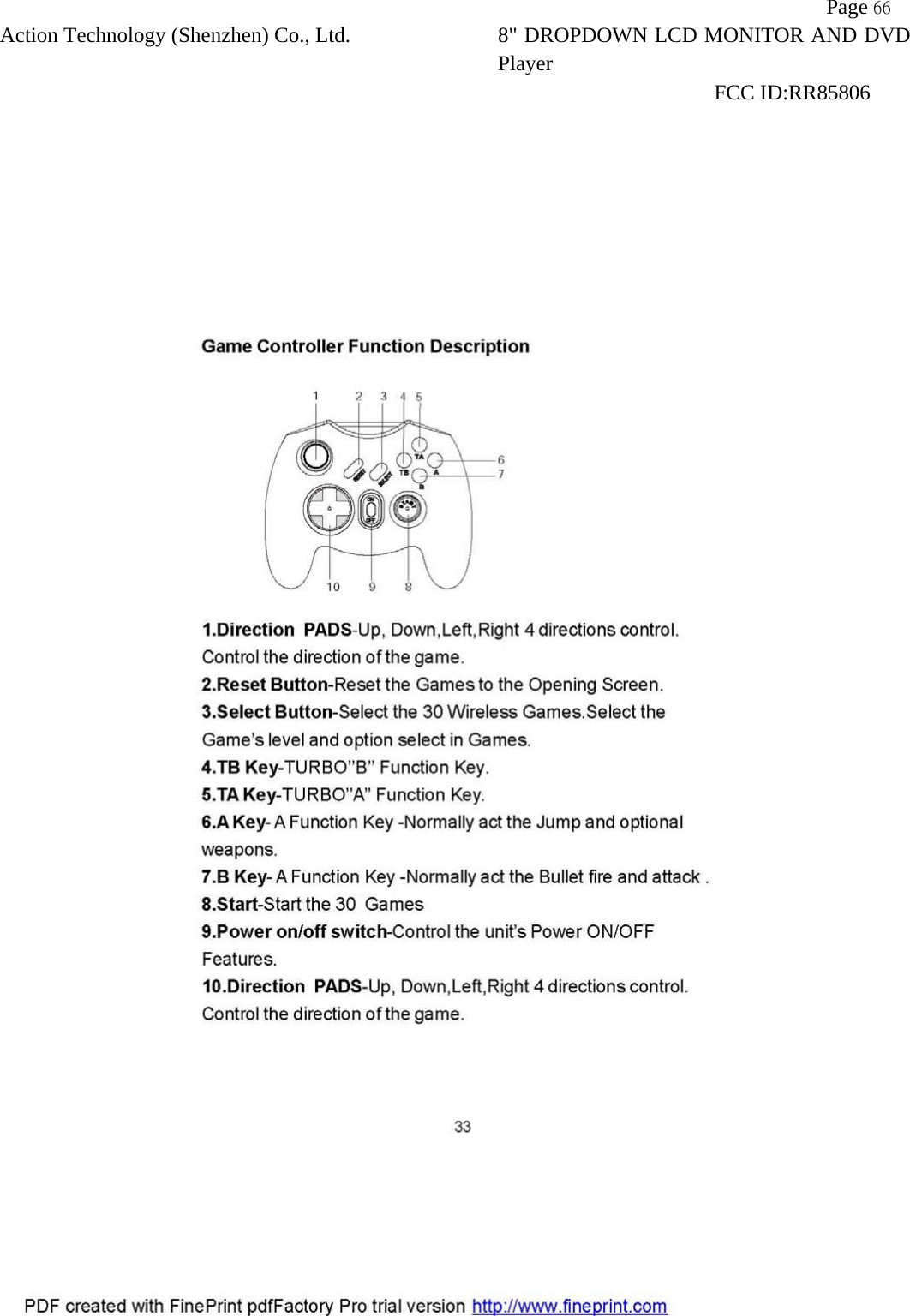           Page 66 Action Technology (Shenzhen) Co., Ltd. 8" DROPDOWN LCD MONITOR AND DVD Player                                                              FCC ID:RR85806   
