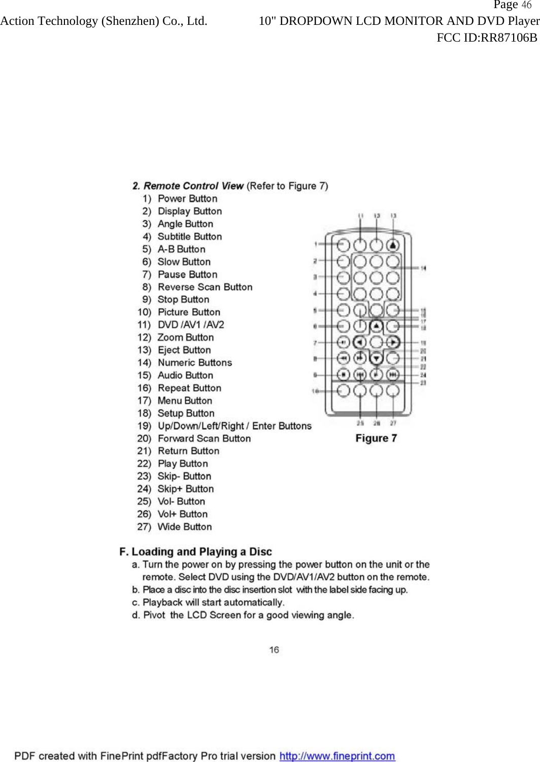                   Page 46Action Technology (Shenzhen) Co., Ltd. 10" DROPDOWN LCD MONITOR AND DVD Player                                                                    FCC ID:RR87106B  