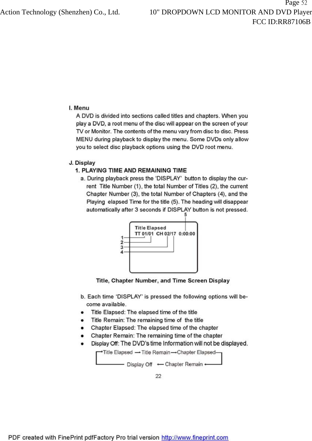                   Page 52Action Technology (Shenzhen) Co., Ltd. 10" DROPDOWN LCD MONITOR AND DVD Player                                                                    FCC ID:RR87106B  