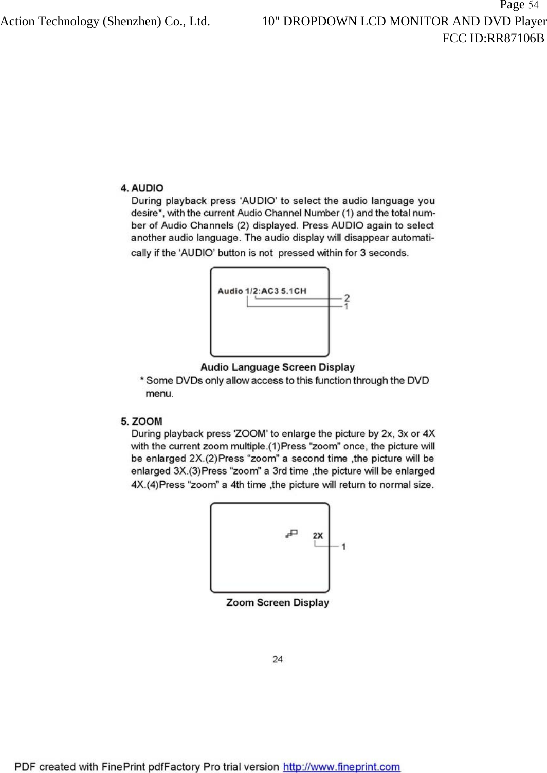                  Page 54Action Technology (Shenzhen) Co., Ltd. 10" DROPDOWN LCD MONITOR AND DVD Player                                                                    FCC ID:RR87106B  