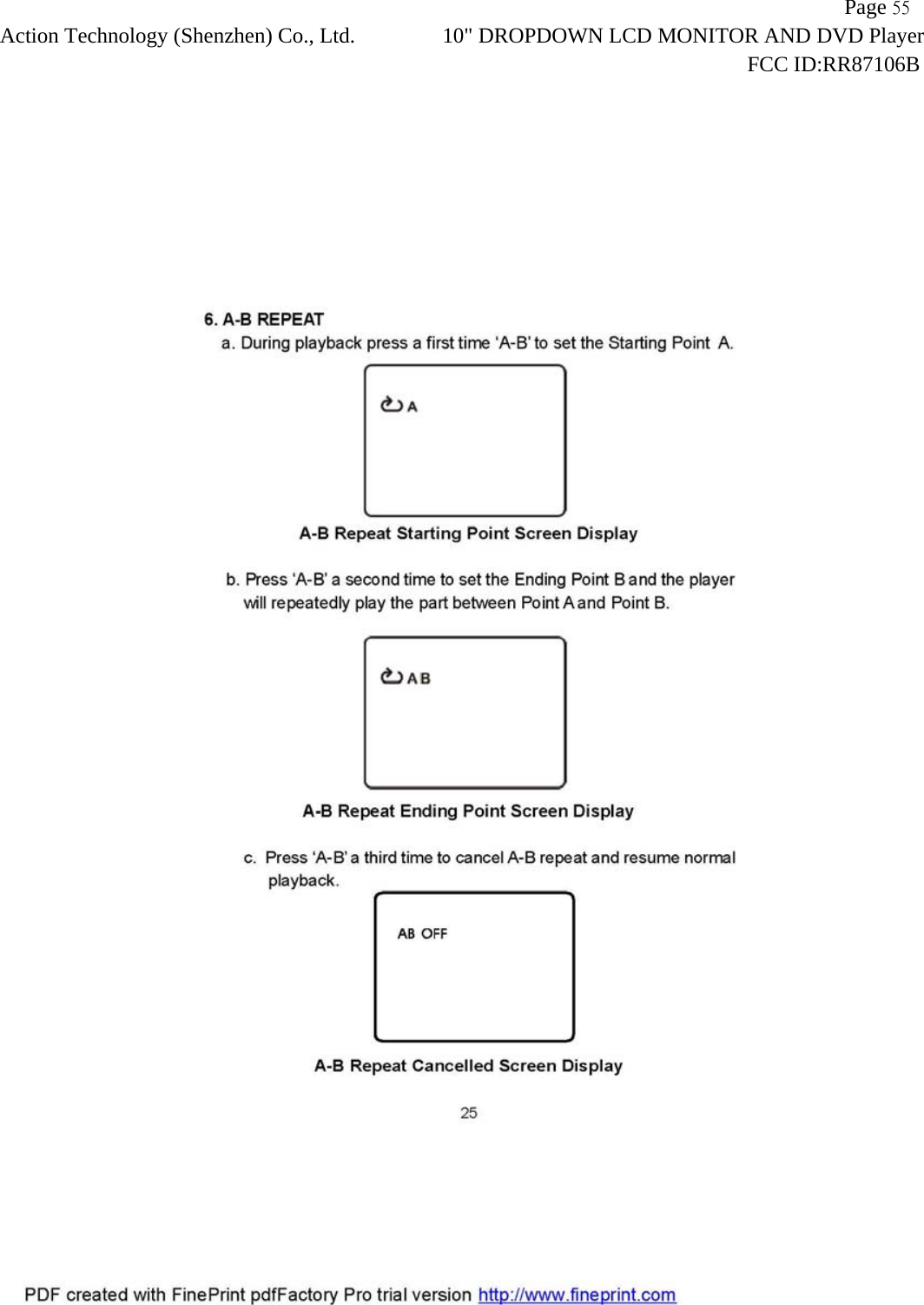                   Page 55Action Technology (Shenzhen) Co., Ltd. 10" DROPDOWN LCD MONITOR AND DVD Player                                                                    FCC ID:RR87106B  