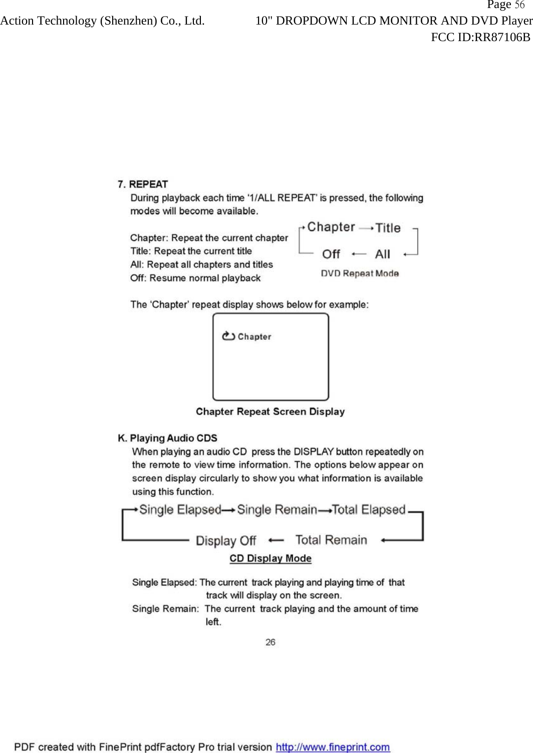                   Page 56Action Technology (Shenzhen) Co., Ltd. 10" DROPDOWN LCD MONITOR AND DVD Player                                                                    FCC ID:RR87106B  