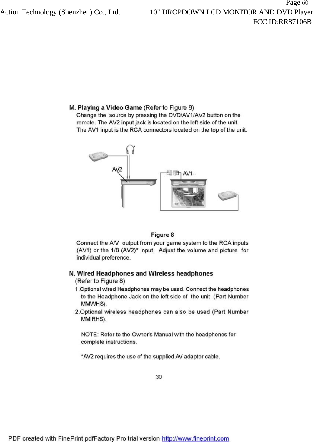                   Page 60Action Technology (Shenzhen) Co., Ltd. 10" DROPDOWN LCD MONITOR AND DVD Player                                                                    FCC ID:RR87106B  
