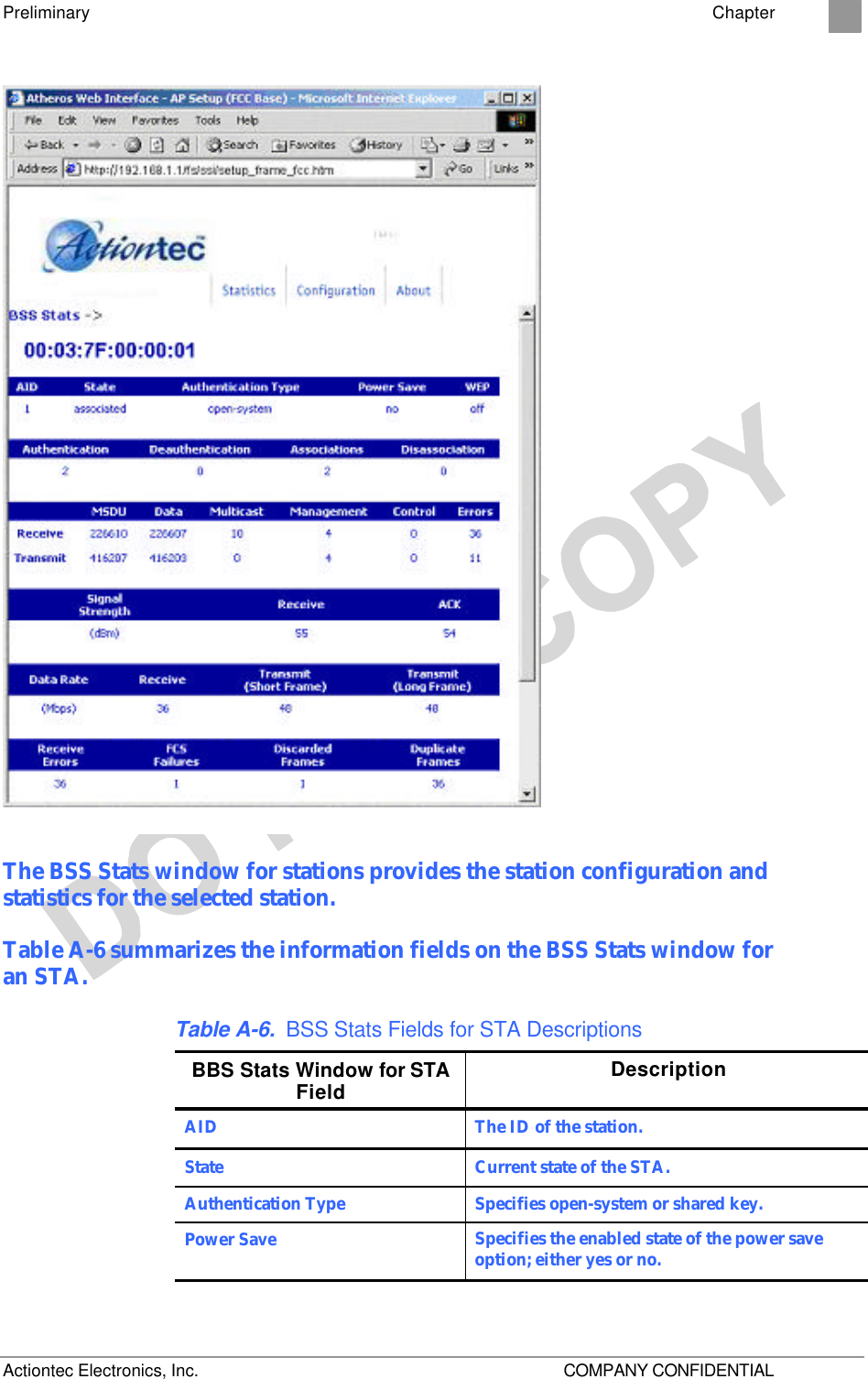 Preliminary    Chapter 2 Actiontec Electronics, Inc.    COMPANY CONFIDENTIAL  The BSS Stats window for stations provides the station configuration and statistics for the selected station. Table A-6 summarizes the information fields on the BSS Stats window for an STA. Table A-6. BSS Stats Fields for STA Descriptions BBS Stats Window for STA Field Description AID  The ID of the station. State Current state of the STA. Authentication Type Specifies open-system or shared key. Power Save Specifies the enabled state of the power save option; either yes or no. 