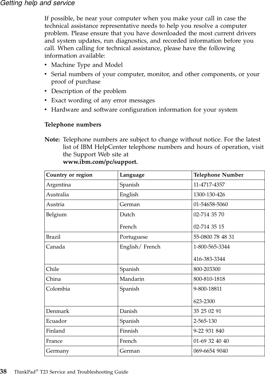 If possible, be near your computer when you make your call in case thetechnical assistance representative needs to help you resolve a computerproblem. Please ensure that you have downloaded the most current driversand system updates, run diagnostics, and recorded information before youcall. When calling for technical assistance, please have the followinginformation available:vMachine Type and ModelvSerial numbers of your computer, monitor, and other components, or yourproof of purchasevDescription of the problemvExact wording of any error messagesvHardware and software configuration information for your systemTelephone numbersNote: Telephone numbers are subject to change without notice. For the latestlist of IBM HelpCenter telephone numbers and hours of operation, visitthe Support Web site atwww.ibm.com/pc/support.Country or region Language Telephone NumberArgentina Spanish 11-4717-4357Australia English 1300-130-426Austria German 01-54658-5060Belgium DutchFrench02-714 35 7002-714 35 15Brazil Portuguese 55-0800 78 48 31Canada English/ French 1-800-565-3344416-383-3344Chile Spanish 800-203300China Mandarin 800-810-1818Colombia Spanish 9-800-18811623-2300Denmark Danish 35 25 02 91Ecuador Spanish 2-565-130Finland Finnish 9-22 931 840France French 01-69 32 40 40Germany German 069-6654 9040Getting help and service38 ThinkPad®T23 Service and Troubleshooting Guide