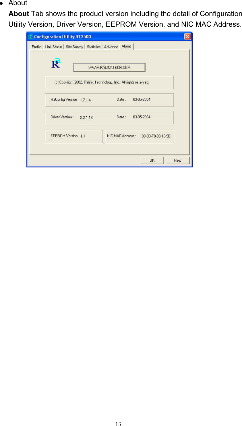  13 z About About Tab shows the product version including the detail of Configuration Utility Version, Driver Version, EEPROM Version, and NIC MAC Address.  