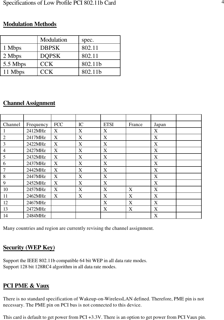 Specifications of Low Profile PCI 802.11b Card 4Modulation MethodsModulation spec.1 Mbps DBPSK 802.112 Mbps DQPSK 802.115.5 Mbps CCK 802.11b11 Mbps CCK 802.11bChannel AssignmentChannel Frequency FCC IC ETSI France Japan12412MHz X X X X22417MHz X X X X32422MHz X X X X42427MHz X X X X52432MHz X X X X62437MHz X X X X72442MHz X X X X82447MHz X X X X92452MHz X X X X10 2457MHz X X X X X11 2462MHz X X X X X12 2467MHz XXX13 2472MHz XXX14 2484MHz XMany countries and region are currently revising the channel assignment.Security (WEP Key)Support the IEEE 802.11b compatible 64 bit WEP in all data rate modes.Support 128 bit 128RC4 algorithm in all data rate modes.PCI PME &amp; VauxThere is no standard specification of Wakeup-on-WirelessLAN defined. Therefore, PME pin is notnecessary. The PME pin on PCI bus is not connected to this device.This card is default to get power from PCI +3.3V. There is an option to get power from PCI Vaux pin.