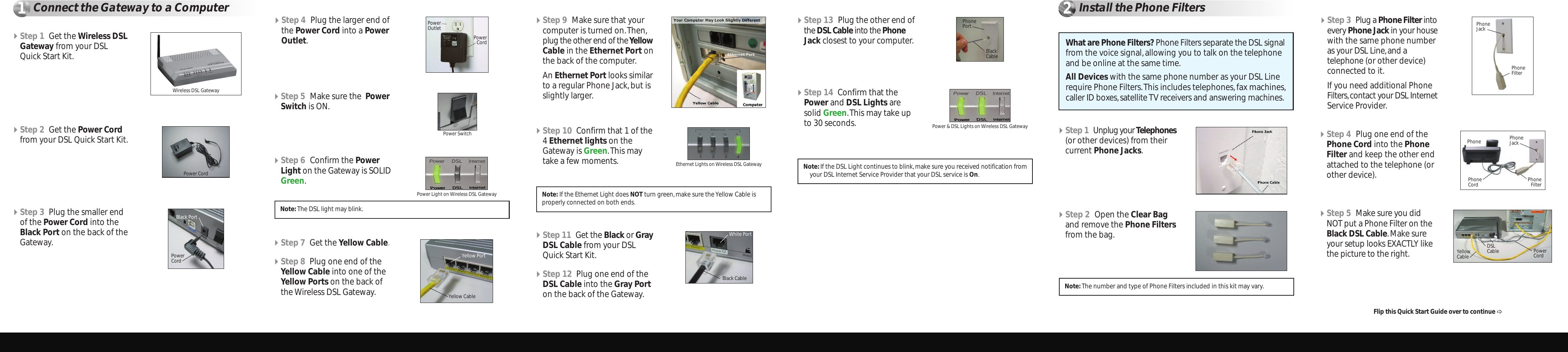 1Connect the Gateway to a ComputerStep 3 Plug the smaller endof the Power Cord into theBlack Port on the back of theGateway.Step 4 Plug the larger end ofthe Power Cord into a PowerOutlet.Step 1 Get the Wireless DSLGateway from your DSL Quick Start Kit.Step 2 Get the Power Cordfrom your DSL Quick Start Kit.Wireless DSL GatewayPower CordPower CordBlack PortStep 11 Get the Black or GrayDSL Cable from your DSLQuick Start Kit.Step 12 Plug one end of theDSL Cable into the Gray Porton the back of the Gateway.Step 6 Confirm the PowerLight on the Gateway is SOLIDGreen.Power Light on Wireless DSL GatewayStep 5 Make sure the  PowerSwitch is ON.Power SwitchStep 14 Confirm that thePower and DSL Lights aresolid Green.This may take upto 30 seconds. Power &amp; DSL Lights on Wireless DSL GatewayStep 7 Get the Yellow Cable.Step 8 Plug one end of theYellow Cable into one of theYellow Ports on the back ofthe Wireless DSL Gateway.Step 9 Make sure that yourcomputer is turned on.Then,plug the other end of theYellowCable in the Ethernet Port onthe back of the computer.An Ethernet Port looks similarto a regular Phone Jack,but isslightly larger.Note: If the Ethernet Light does NOT turn green,make sure the Yellow Cable isproperly connected on both ends.Note:The DSL light may blink.Step 10 Confirm that 1 of the4 Ethernet lights on theGateway is Green.This maytake a few moments. Ethernet Lights on Wireless DSL GatewayStep 13 Plug the other end ofthe DSL Cable into the PhoneJack closest to your computer.Note:If the DSL Light continues to blink,make sure you received notification fromyour DSL Internet Service Provider that your DSL service is On.2Install the Phone FiltersStep 1 Unplug your Telephones(or other devices) from theircurrent Phone Jacks.Step 2 Open the Clear Bagand remove the Phone Filtersfrom the bag.What are Phone Filters? Phone Filters separate the DSL signalfrom the voice signal,allowing you to talk on the telephoneand be online at the same time.All Devices with the same phone number as your DSL Linerequire Phone Filters.This includes telephones,fax machines,caller ID boxes,satellite TV receivers and answering machines.Note:The number and type of Phone Filters included in this kit may vary.PowerOutletPowerCordFlip this Quick Start Guide over to continue Yellow PortWhite PortPhonePortYellow CableBlack CableBlack CableStep 5 Make sure you didNOT put a Phone Filter on theBlack DSL Cable.Make sureyour setup looks EXACTLY likethe picture to the right.Step 3 Plug a Phone Filter intoevery Phone Jack in your housewith the same phone numberas your DSL Line,and a telephone (or other device)connected to it.If you need additional PhoneFilters,contact your DSL InternetService Provider.Step 4 Plug one end of thePhone Cord into the PhoneFilter and keep the other endattached to the telephone (orother device).Power CordDSLCableYellowCablePhoneJackPhone FilterPhoneJackPhone       Phone FilterPhoneCord
