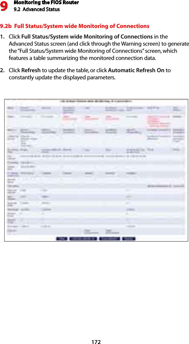 Monitoring the FiOS Router9.2  Advanced Status91729.2b  Full Status/System wide Monitoring of Connections Click 1.  Full Status/System wide Monitoring of Connections in the Advanced Status screen (and click through the Warning screen) to generate the “Full Status/System wide Monitoring of Connections” screen, which features a table summarizing the monitored connection data. Click 2.  Refresh to update the table, or click Automatic Refresh On to constantly update the displayed parameters. 