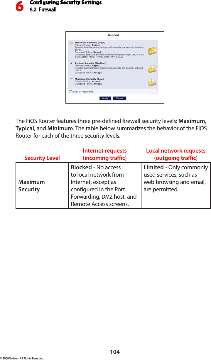 Conguring Security Settings6.2  Firewall6104© 2009 Verizon. All Rights Reserved.The FiOS Router features three pre-defined firewall security levels: Maximum, Typical, and Minimum. The table below summarizes the behavior of the FiOS Router for each of the three security levels.Security Level Internet requests (incoming traffic) Local network requests (outgoing traffic)Maximum Security  Blocked - No access to local network from Internet, except as configured in the Port Forwarding, DMZ host, and Remote Access screens. Limited - Only commonly used services, such as web browsing and email,  are permitted.