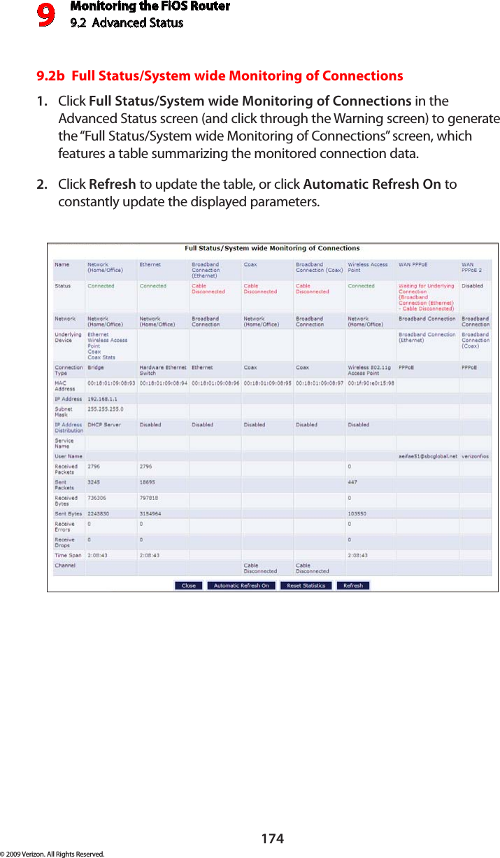 Monitoring the FiOS Router9.2  Advanced Status9174© 2009 Verizon. All Rights Reserved.9.2b  Full Status/System wide Monitoring of Connections Click 1.  Full Status/System wide Monitoring of Connections in the Advanced Status screen (and click through the Warning screen) to generate the “Full Status/System wide Monitoring of Connections” screen, which features a table summarizing the monitored connection data. Click 2.  Refresh to update the table, or click Automatic Refresh On to constantly update the displayed parameters. 