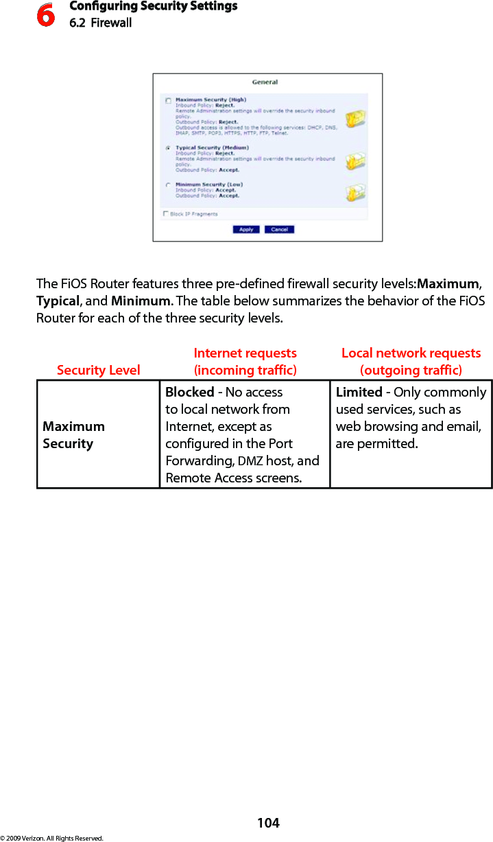 Conguring Security Settings6.2  Firewall6104© 2009 Verizon. All Rights Reserved.The FiOS Router features three pre-defined firewall security levels: Maximum, Typical, and Minimum. The table below summarizes the behavior of the FiOS Router for each of the three security levels.Security Level Internet requests (incoming traffic) Local network requests (outgoing traffic)Maximum Security  Blocked - No access to local network from Internet, except as configured in the Port Forwarding, DMZ host, and Remote Access screens. Limited - Only commonly used services, such as web browsing and email,  are permitted.