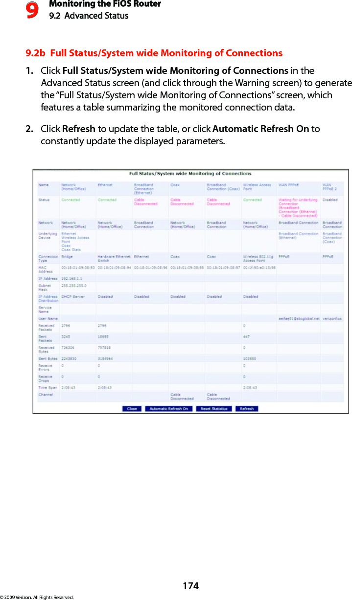 Monitoring the FiOS Router9.2  Advanced Status9174© 2009 Verizon. All Rights Reserved.9.2b  Full Status/System wide Monitoring of Connections Click 1.  Full Status/System wide Monitoring of Connections in the Advanced Status screen (and click through the Warning screen) to generate the “Full Status/System wide Monitoring of Connections” screen, which features a table summarizing the monitored connection data. Click 2.  Refresh to update the table, or click Automatic Refresh On to constantly update the displayed parameters. 