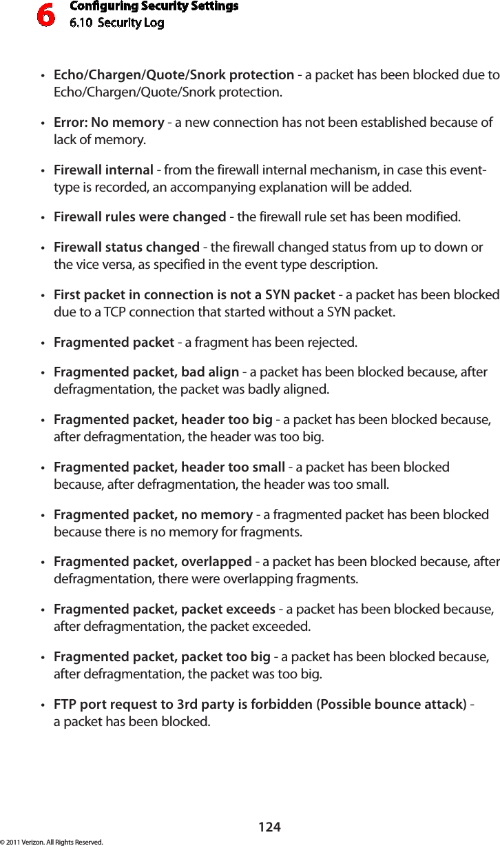 Conguring Security Settings6.10  Security Log 6124© 2011 Verizon. All Rights Reserved.Echo/Chargen/Quote/Snork protectiont  - a packet has been blocked due to Echo/Chargen/Quote/Snork protection. Error: No memoryt  - a new connection has not been established because of lack of memory. Firewall internalt  - from the firewall internal mechanism, in case this event-type is recorded, an accompanying explanation will be added. Firewall rules were changedt  - the firewall rule set has been modified. Firewall status changedt  - the firewall changed status from up to down or the vice versa, as specified in the event type description. First packet in connection is not a SYN packett  - a packet has been blocked due to a TCP connection that started without a SYN packet. Fragmented packett  - a fragment has been rejected. Fragmented packet, bad alignt  - a packet has been blocked because, after defragmentation, the packet was badly aligned. Fragmented packet, header too bigt  - a packet has been blocked because, after defragmentation, the header was too big. Fragmented packet, header too smallt  - a packet has been blocked because, after defragmentation, the header was too small. Fragmented packet, no memoryt  - a fragmented packet has been blocked because there is no memory for fragments. Fragmented packet, overlappedt  - a packet has been blocked because, after defragmentation, there were overlapping fragments. Fragmented packet, packet exceedst  - a packet has been blocked because, after defragmentation, the packet exceeded. Fragmented packet, packet too bigt  - a packet has been blocked because, after defragmentation, the packet was too big. FTP port request to 3rd party is forbidden (Possible bounce attack)t  -  a packet has been blocked. 