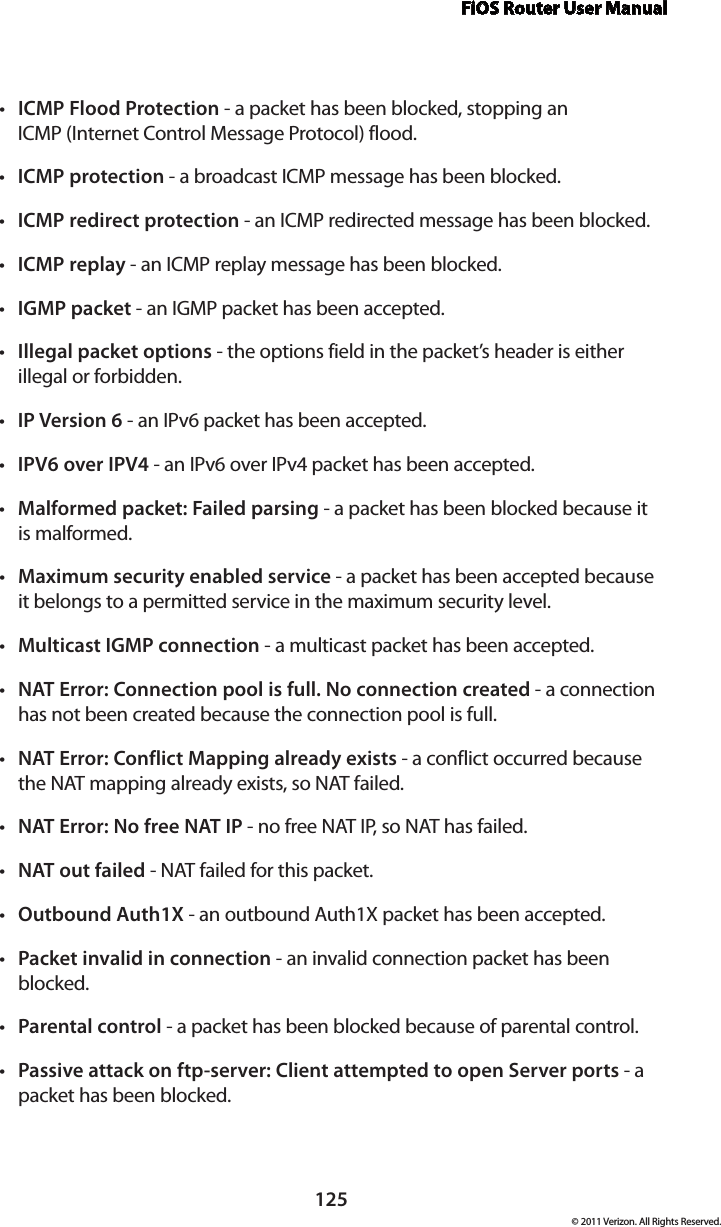 FiOS Router User Manual125© 2011 Verizon. All Rights Reserved.ICMP Flood Protectiont  - a packet has been blocked, stopping an  ICMP (Internet Control Message Protocol) flood. ICMP protectiont  - a broadcast ICMP message has been blocked. ICMP redirect protectiont  - an ICMP redirected message has been blocked. ICMP replayt  - an ICMP replay message has been blocked. IGMPt  packet - an IGMP packet has been accepted. Illegal packet optionst  - the options field in the packet’s header is either illegal or forbidden. IP Version 6t  - an IPv6 packet has been accepted.IPV6 over IPV4t  - an IPv6 over IPv4 packet has been accepted.Malformed packet: Failed parsingt  - a packet has been blocked because it  is malformed. Maximum security enabled servicet  - a packet has been accepted because it belongs to a permitted service in the maximum security level. Multicastt  IGMP connection - a multicast packet has been accepted. NAT Error: Connection pool is full. No connection createdt  - a connection has not been created because the connection pool is full. NAT Error: Conflict Mapping already existst  - a conflict occurred because the NAT mapping already exists, so NAT failed. NAT Error: No free NAT IPt  - no free NAT IP, so NAT has failed. NAT outt  failed - NAT failed for this packet. Outbound Auth1Xt  - an outbound Auth1X packet has been accepted. Packet invalid in connectiont  - an invalid connection packet has been blocked.Parentalt  control - a packet has been blocked because of parental control. Passive attack on ftp-server: Client attempted to open Server portst  - a packet has been blocked. 