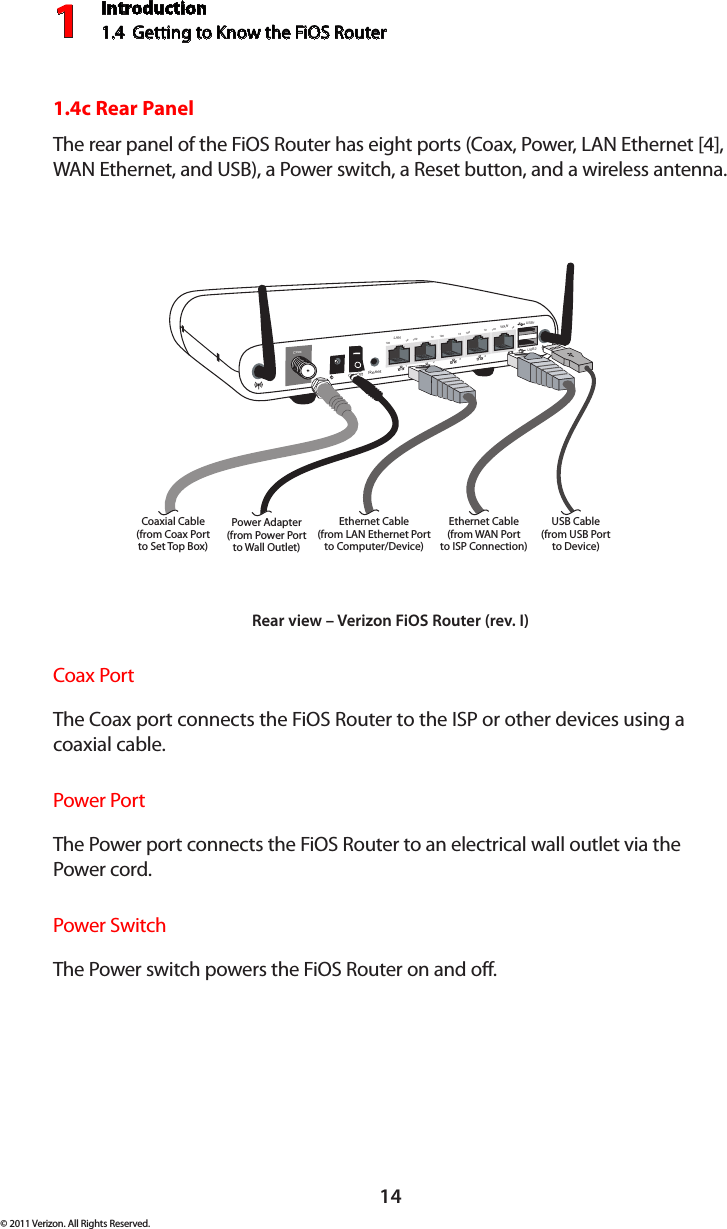 Introduction1.4  Getting to Know the FiOS Router114© 2011 Verizon. All Rights Reserved.1.4c Rear PanelThe rear panel of the FiOS Router has eight ports (Coax, Power, LAN Ethernet [4], WAN Ethernet, and USB), a Power switch, a Reset button, and a wireless antenna.On/Off   Coax1234100 100 100 10010 10 10 10LANWAN100 10ResetEthernet Cable(from LAN Ethernet Portto Computer/Device)Ethernet Cable(from WAN Portto ISP Connection)Power Adapter(from Power Portto Wall Outlet)Coaxial Cable(from Coax Portto Set Top Box)USB1USB Cable(from USB Portto Device)USB2Rear view – Verizon FiOS Router (rev. I)Coax PortThe Coax port connects the FiOS Router to the ISP or other devices using a  coaxial cable.Power PortThe Power port connects the FiOS Router to an electrical wall outlet via the  Power cord.Power SwitchThe Power switch powers the FiOS Router on and off.