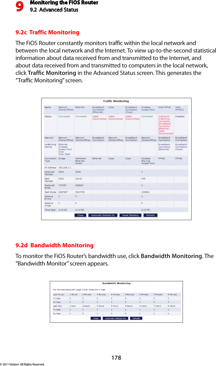Monitoring the FiOS Router9.2  Advanced Status9178© 2011 Verizon. All Rights Reserved.9.2c  Traffic MonitoringThe FiOS Router constantly monitors traffic within the local network and between the local network and the Internet. To view up-to-the-second statistical information about data received from and transmitted to the Internet, and about data received from and transmitted to computers in the local network, click Traffic Monitoring in the Advanced Status screen. This generates the “Traffic Monitoring” screen. 9.2d  Bandwidth MonitoringTo monitor  the  FiOS Router ’s bandwidth  use, click Bandwidth Monitoring. The “Bandwidth Monitor” screen appears. 