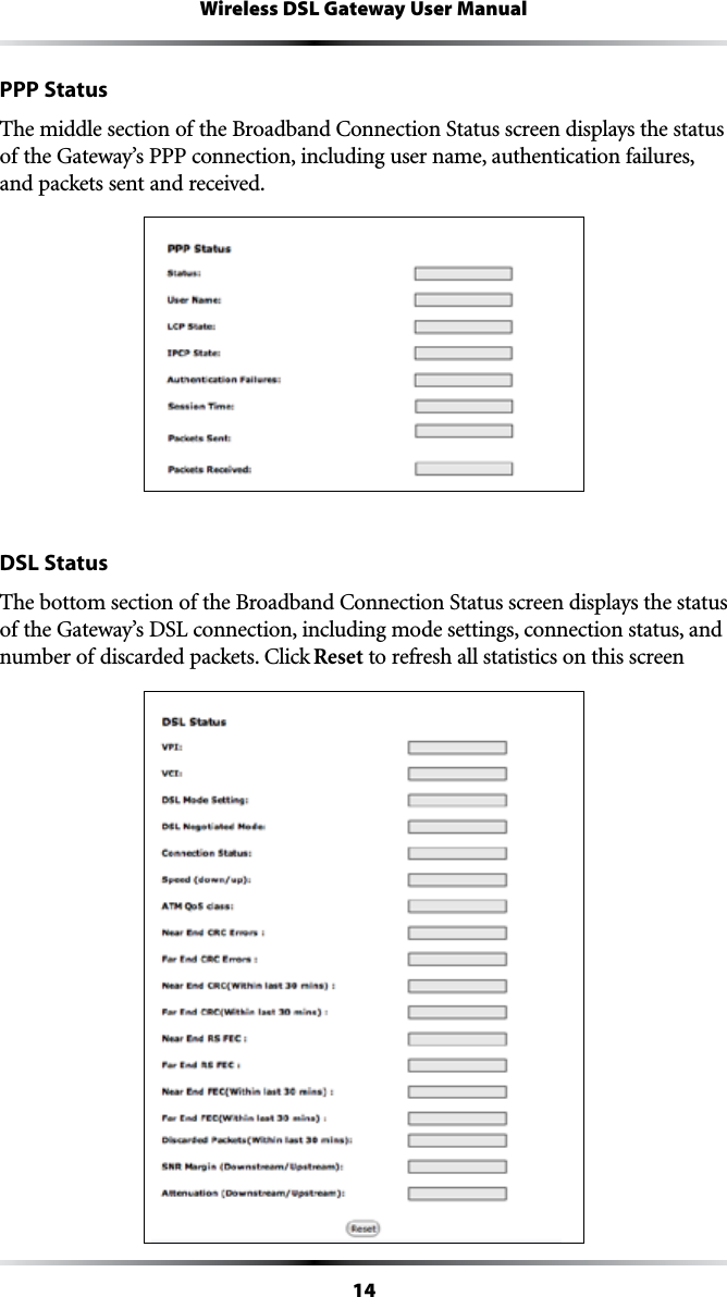 14Wireless DSL Gateway User ManualPPP Status4HEMIDDLESECTIONOFTHE&quot;ROADBAND#ONNECTION3TATUSSCREENDISPLAYSTHESTATUSof the Gateway’s PPP connection, including user name, authentication failures, and packets sent and received.DSL Status4HEBOTTOMSECTIONOFTHE&quot;ROADBAND#ONNECTION3TATUSSCREENDISPLAYSTHESTATUSof the Gateway’s DSL connection, including mode settings, connection status, and NUMBEROFDISCARDEDPACKETS#LICKReset to refresh all statistics on this screen