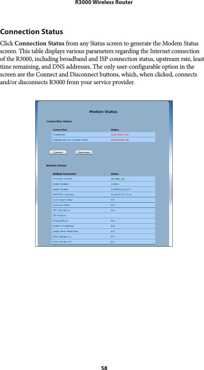 58R3000 Wireless RouterConnection StatusClick Connection Status from any Status screen to generate the Modem Status screen. This table displays various parameters regarding the Internet connection of the R3000, including broadband and ISP connection status, upstream rate, least time remaining, and DNS addresses. The only user-configurable option in the screen are the Connect and Disconnect buttons, which, when clicked, connects and/or disconnects R3000 from your service provider.