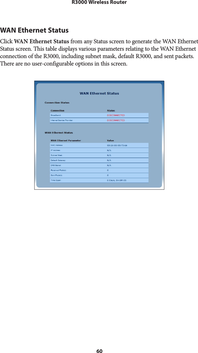 60R3000 Wireless RouterWAN Ethernet StatusClick WAN Ethernet Status from any Status screen to generate the WAN Ethernet Status screen. This table displays various parameters relating to the WAN Ethernet connection of the R3000, including subnet mask, default R3000, and sent packets. There are no user-configurable options in this screen.