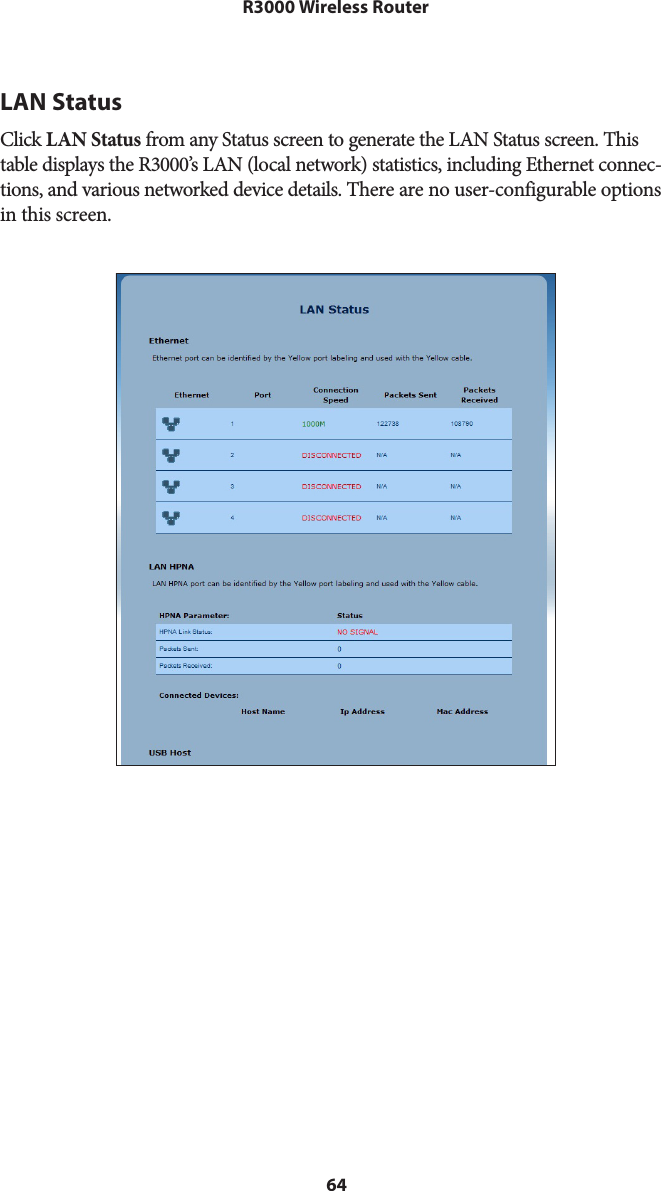 64R3000 Wireless RouterLAN StatusClick LAN Status from any Status screen to generate the LAN Status screen. This table displays the R3000’s LAN (local network) statistics, including Ethernet connec-tions, and various networked device details. There are no user-configurable options in this screen. 