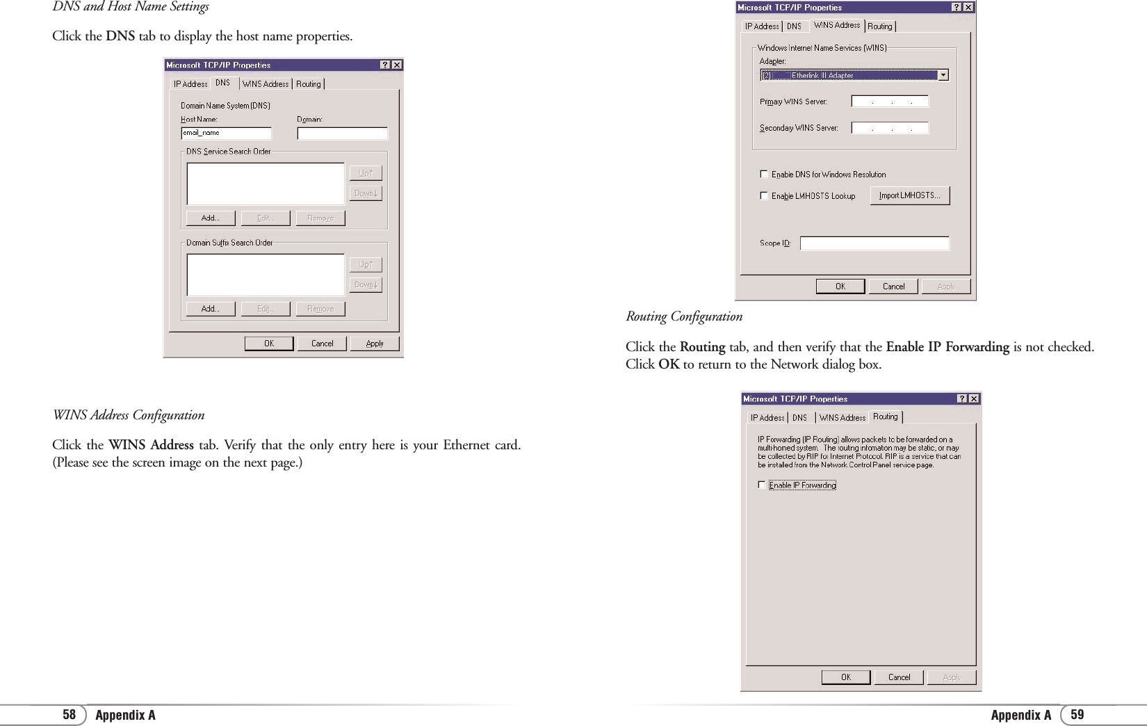 Appendix AAppendix A 5958Routing ConfigurationClick the Routing tab, and then verify that the Enable IP Forwarding is not checked.Click OK to return to the Network dialog box.DNS and Host Name SettingsClick the DNS tab to display the host name properties. WINS Address ConfigurationClick the WINS Address tab. Verify that the only entry here is your Ethernet card.(Please see the screen image on the next page.)