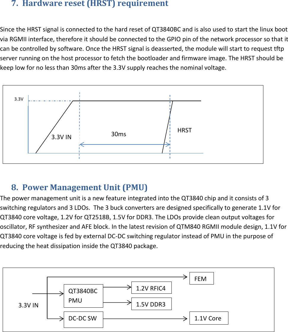   7. Hardware reset (HRST) requirement  Since the HRST signal is connected to the hard reset of QT3840BC and is also used to start the linux boot via RGMII interface, therefore it should be connected to the GPIO pin of the network processor so that it can be controlled by software. Once the HRST signal is deasserted, the module will start to request tftp server running on the host processor to fetch the bootloader and firmware image. The HRST should be keep low for no less than 30ms after the 3.3V supply reaches the nominal voltage.        8. Power Management Unit (PMU) The power management unit is a new feature integrated into the QT3840 chip and it consists of 3 switching regulators and 3 LDOs.  The 3 buck converters are designed specifically to generate 1.1V for QT3840 core voltage, 1.2V for QT2518B, 1.5V for DDR3. The LDOs provide clean output voltages for oscillator, RF synthesizer and AFE block. In the latest revision of QTM840 RGMII module design, 1.1V for QT3840 core voltage is fed by external DC-DC switching regulator instead of PMU in the purpose of reducing the heat dissipation inside the QT3840 package.   3.3V HRST 3.3V IN 30ms QT3840BCPMU FEM 3.3V IN DC-DC SW 1.1V Core 1.2V RFIC4 1.5V DDR3 