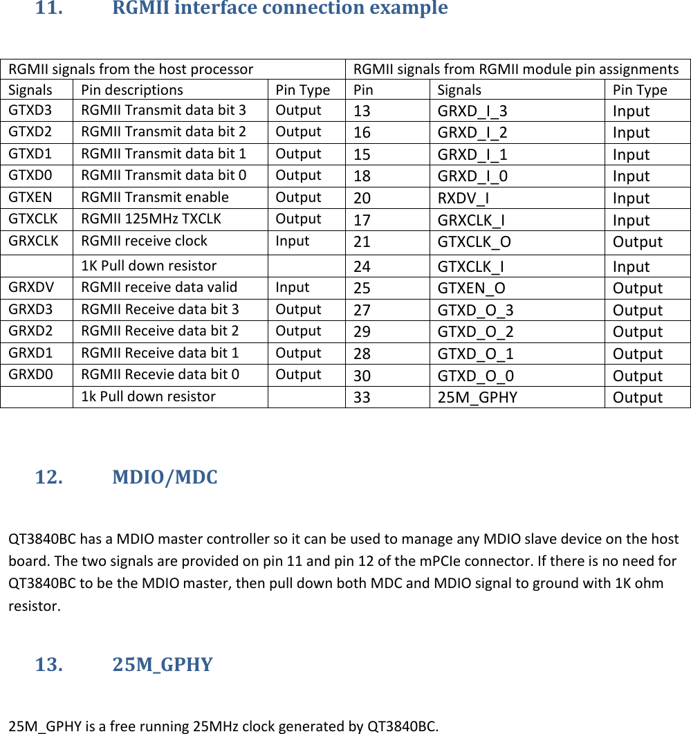   11. RGMII interface connection example  RGMII signals from the host processor RGMII signals from RGMII module pin assignments Signals Pin descriptions Pin Type Pin Signals Pin Type GTXD3 RGMII Transmit data bit 3 Output 13 GRXD_I_3 Input GTXD2 RGMII Transmit data bit 2 Output 16 GRXD_I_2 Input GTXD1 RGMII Transmit data bit 1 Output 15 GRXD_I_1 Input GTXD0 RGMII Transmit data bit 0 Output 18 GRXD_I_0 Input GTXEN RGMII Transmit enable Output 20 RXDV_I Input GTXCLK RGMII 125MHz TXCLK Output 17 GRXCLK_I Input GRXCLK RGMII receive clock Input 21 GTXCLK_O Output  1K Pull down resistor  24 GTXCLK_I Input GRXDV RGMII receive data valid Input 25 GTXEN_O Output GRXD3 RGMII Receive data bit 3 Output 27 GTXD_O_3 Output GRXD2 RGMII Receive data bit 2 Output 29 GTXD_O_2 Output GRXD1 RGMII Receive data bit 1 Output 28 GTXD_O_1 Output GRXD0 RGMII Recevie data bit 0 Output 30 GTXD_O_0 Output  1k Pull down resistor  33 25M_GPHY Output  12. MDIO/MDC   QT3840BC has a MDIO master controller so it can be used to manage any MDIO slave device on the host board. The two signals are provided on pin 11 and pin 12 of the mPCIe connector. If there is no need for QT3840BC to be the MDIO master, then pull down both MDC and MDIO signal to ground with 1K ohm resistor. 13. 25M_GPHY  25M_GPHY is a free running 25MHz clock generated by QT3840BC.    