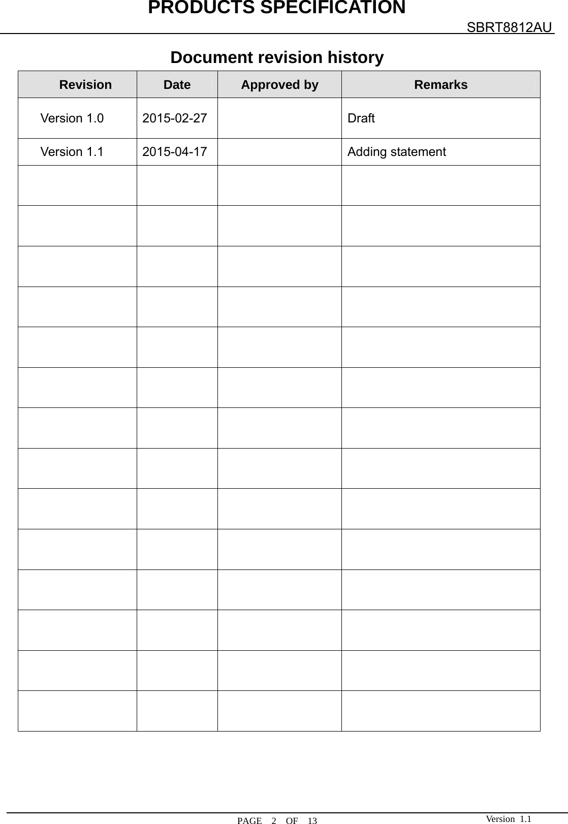 PRODUCTS SPECIFICATION  PAGE  2  OF  13 SBRT8812AU Version 1.1Document revision history Revision  Date  Approved by  Remarks Version 1.0  2015-02-27    Draft Version 1.1  2015-04-17    Adding statement                                                                                                