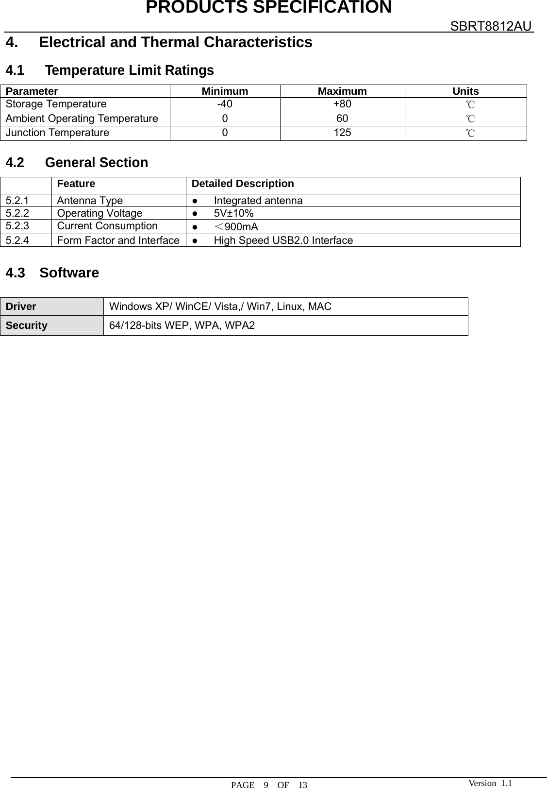 PRODUCTS SPECIFICATION  PAGE  9  OF  13 SBRT8812AU Version 1.14.  Electrical and Thermal Characteristics  4.1 Temperature Limit Ratings  Parameter Minimum Maximum Units Storage Temperature -40 +80 　℃ Ambient Operating Temperature 0 60 　℃ Junction Temperature 0 125 　℃  4.2 General Section   Feature Detailed Description 5.2.1 Antenna Type  ●   Integrated antenna 5.2.2 Operating Voltage  ●   5V±10% 5.2.3 Current Consumption  ●   ＜900mA  5.2.4 Form Factor and Interface  ●      High Speed USB2.0 Interface  4.3  Software  Driver  Windows XP/ WinCE/ Vista,/ Win7, Linux, MAC Security   64/128-bits WEP, WPA, WPA2                            